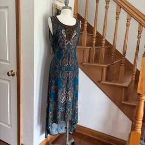 Vintage Ellen Tracy Moroccan Style Paisley Print Teal Maxi Dress